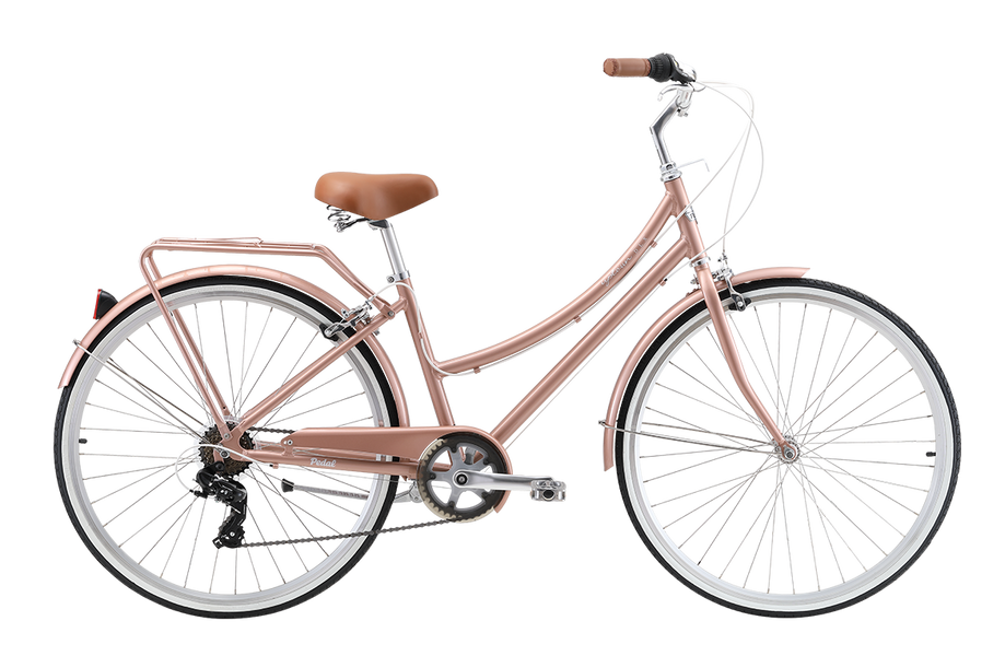 Rose gold store bike with basket